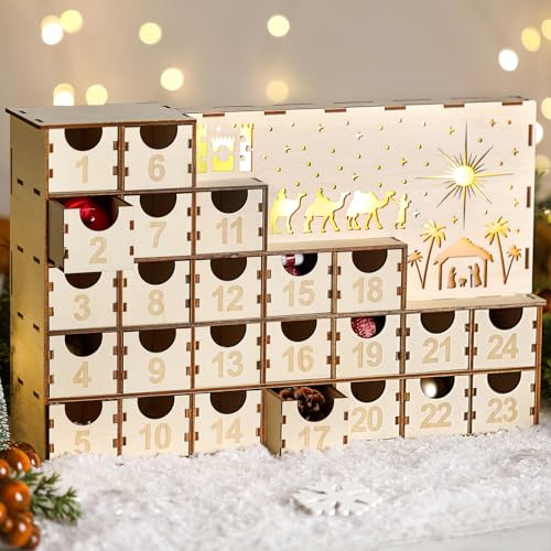 Nuanchu Lighted Christmas Wooden Advent Calendar with 24 Drawers DIY Empty Advent Calendars to Fill Countdown to 2026 Christmas Reusable Nativity Scene Decor Make Your Own Gifts Box for Xmas Adults