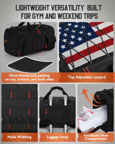 Gonex 45L Tactical Duffel Bag, 3-in-1 Convertible Carry-On Gym Bag for Men with Red Zipper Pull, Shoe Compartment, Gear Loops, Water-Repellent Travel Bag (Black with Red Accents) - color: Black with Red Accents, size: 45L