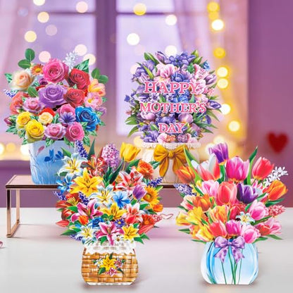 4 Pack 3D Pop Up Flower Bouquet Cards – Rose, Tulip, Lily, Mother’s Day Designs, Colorful Stand-Up Floral Centerpieces for Birthday, Anniversary, Thank You, Get Well, Includes Envelopes & Blank Notes - style: Floral Flour