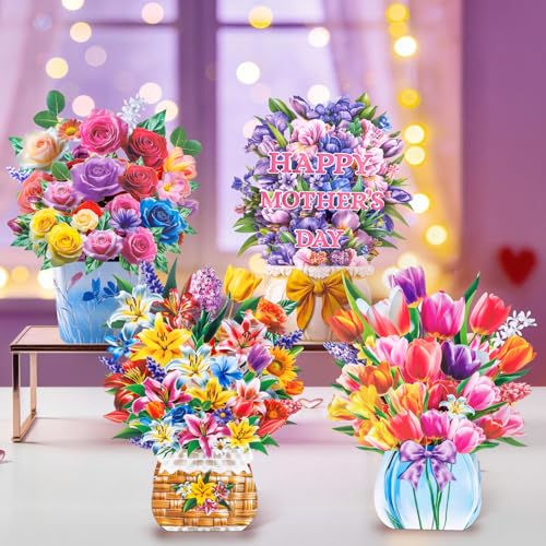 4 Pack 3D Pop Up Flower Bouquet Cards – Rose, Tulip, Lily, Mother’s Day Designs, Colorful Stand-Up Floral Centerpieces for Birthday, Anniversary, Thank You, Get Well, Includes Envelopes & Blank Notes - style: Floral Flour
