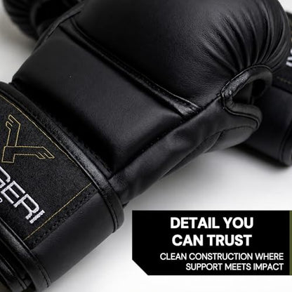 Hybrid MMA Sparring Gloves 7oz, Open Palm with Wrist Support | Comfortable MMA gloves for sparring, striking, grappling and heavy bag training with secure wrist support. - size: Large