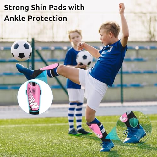 Shin Guards Soccer Youth Kids - Shin Guard for Toddler Boys Girls Teenagers 2-18 Years Old with Ankle Sleeves Protection - Football Shin Pads Equipment with Adjustable Strap - color: Pink, size: Medium