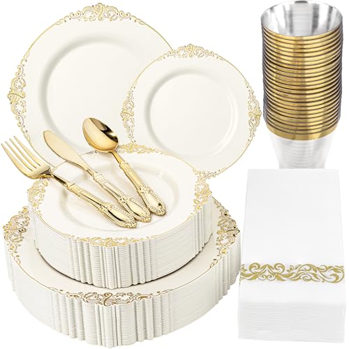 Morejoy 175 PCS Lvory Plastic Plates - Lvory Gold Plastic Dinnerware Sets - color: Lvory and Gold, size: 175 count