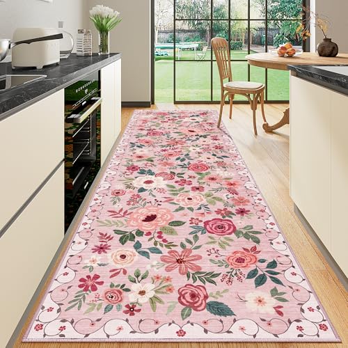 DUKINO 3x10 Runner Rug, Floral Washable Kitchen Runner Rug Non Slip, Pink - color: Pink, size: 3' x 10' (Rectangular)