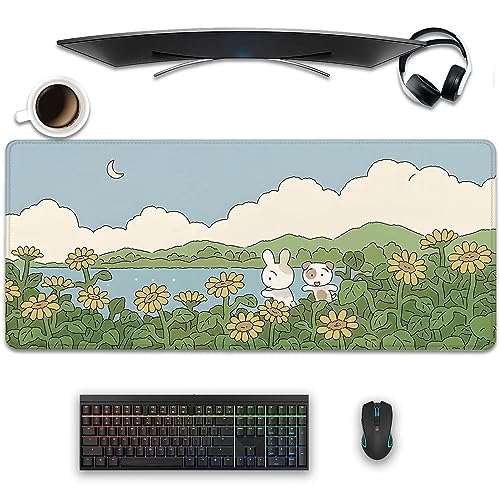 Sunflower Cute Anime Desktop Mat, Desk Mat for Keyboard and Mouse, Gaming Mat for Computer Office Home Work (27.5X11.8 in) - color: Sunflower and 2 Rabbits-2