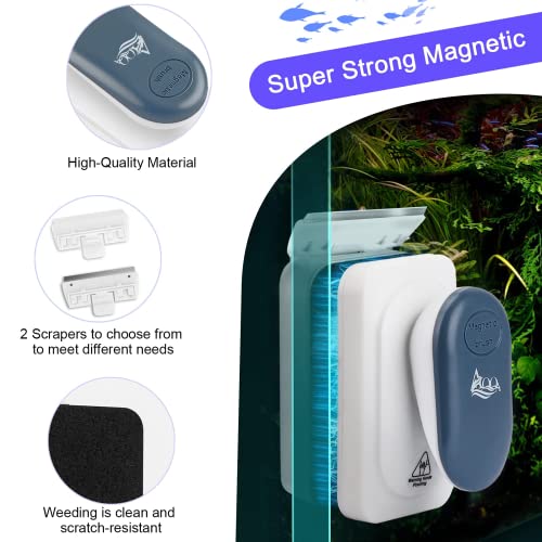 AQQA Aquarium Strong Magnetic Cleaner Brush, Fish Tank Glass Algae Magnet Cleaning Tool Floating Cleaner Scrubber Brush with 2 Detachable Scraper (Blue,M) - color: Blue, size: Medium