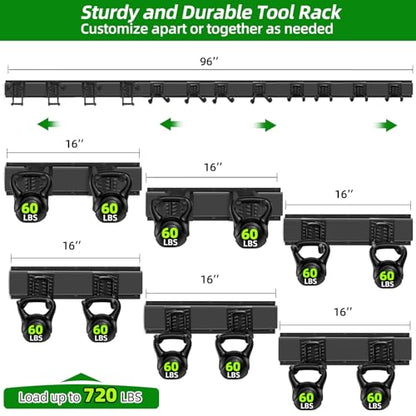 PIYILO Garage Wall Organizer, 96 in Garden Tool Organizer with 12 Adjustable Garage Hooks and 3 Storage Straps, Heavy Duty Tool Holder Wall Mount for Garden & Shed Tools - size: 96 inch 12-Hook
