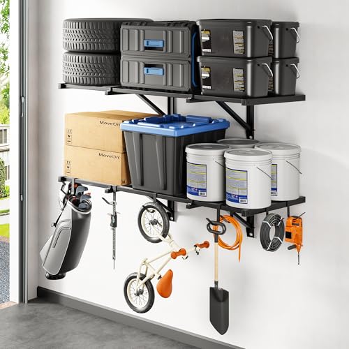 FLEXIMOUNTS 2x4ft Garage Wall Shelving, 2-Pack Heavy Duty Garage Shelving Wall Mounted with 8 Hooks, 400lbs Capacity, Storage for Power Tools, Garden Supplies, Storage Bins, Lite Series - size: 2pack 2x4ft w/ 8 hooks-400lbs