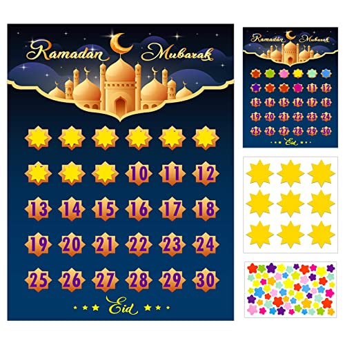 WaaHome Ramadan Calendar for Ramadan Home Decorations, Eid Mubarak Countdown Calendar Activities for Kids, Ramadan 30 Days Advent Calendar Poster for Ramadan Decor with 36 Star Stickers