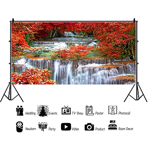 AOFOTO 20x10ft Falls Backdrop Cascades Photography Background Waterfall Nature Landscape Travel Adult Man Artistic Portrait Autumn Red Leaves Scenic Photo Shoot Studio Props Video Drop Wallpaper Drape - size: 20x10ft