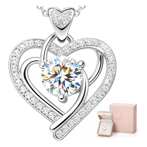 Heart Moissanite Necklace for Women — Anniversary Graduation Birthday Wedding Gift for Wife Mom Girlfriend Daughter Sister, 14K Gold Plated or 925 Sterling Silver, 1-3 CT D Color VVS1 GRA-Certified Amulet for Endless Love, Gift-Boxed - color: Silver 1 CT