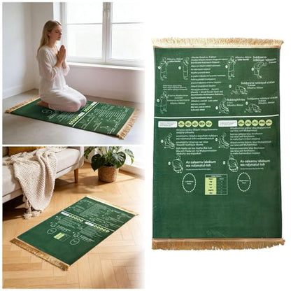 Bilingual Guided Prayer Mat with Direction Finder, Read in English and Say It in Arabic Guided Prayer Mat for Salah and Meditation (Green, L)