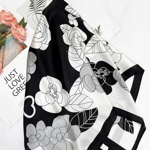 FONYVE Silk Feeling Scarf Medium Square Satin Head Scarf for Women 27.5 × 27.5 inches - color: 03 White & Black Flowers