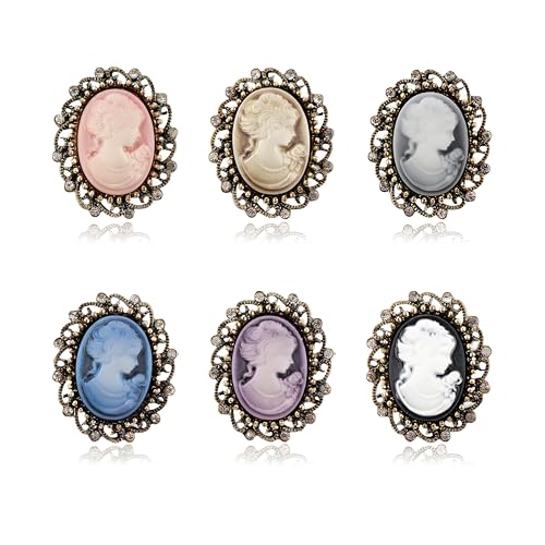 MALOYANVE 6 Pcs Vintage Queen's Cameo Brooch Pins for Women Antique Crystal Oval Lady Portrait Victorian Style Scarf Lapel Pin Corsage Clothes Accessories Party Banquet Jewelry Gifts - color: Colorful-C
