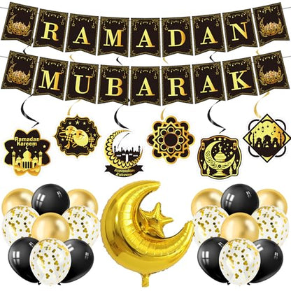 Ramadan Decorations for Home, 27PCS Black and Gold Ramadan Mubarak Banner, Hanging Swirls, Moon and Star Balloon for Muslim Islamic Eid Mubarak Festival Al-Fitr Iftar Party Favors Supplies