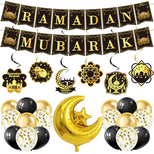 Ramadan Decorations for Home, 27PCS Black and Gold Ramadan Mubarak Banner, Hanging Swirls, Moon and Star Balloon for Muslim Islamic Eid Mubarak Festival Al-Fitr Iftar Party Favors Supplies