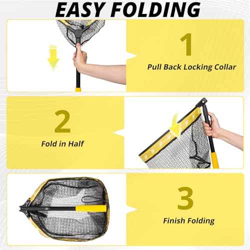 Floating Fishing Net for Fly Fishing, Foldable Landing Net | 31.2" Length, 15"x11.8" Hoop, Fish Net with Rubber Coated Polyethylene Mesh for Bass, Trout, Kayak & Boat Fishing - color: Yellow