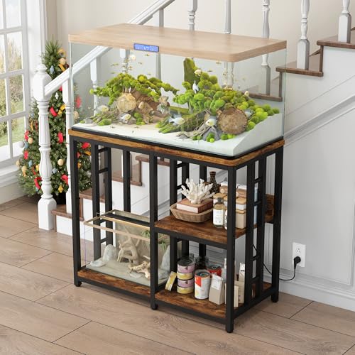 Heavy Duty 40-50 Gallon Aquarium Stand with Power Outlets, 3-Tier Adjustable Metal Fish Tank Stand with Storage Shelf for 5-10 Gallon Tanks, Reptile Terrariums & Supplies Organizer, 720LBS Capacity - color: Black + Brown