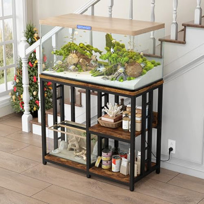 Heavy Duty 40-50 Gallon Aquarium Stand with Power Outlets, 3-Tier Adjustable Metal Fish Tank Stand with Storage Shelf for 5-10 Gallon Tanks, Reptile Terrariums & Supplies Organizer, 720LBS Capacity - color: Black + Brown