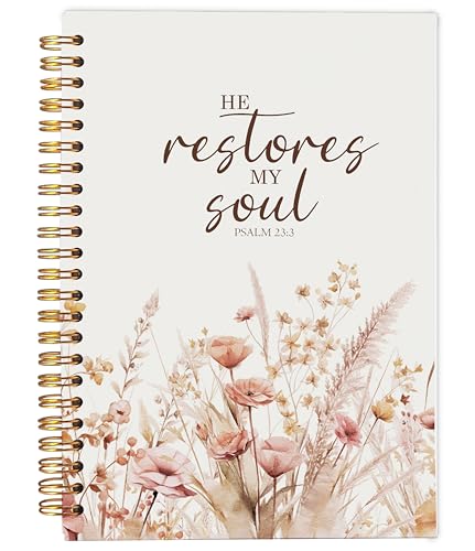 Christian Notebook for Women, Christian Gifts Journal, Prayer Journal for Women, Bible Journaling Notebook, PSALM 23:3 He Restores My Soul Floral Spiral Notebook 5.5x8.3 - color: 24-Christian-notebook