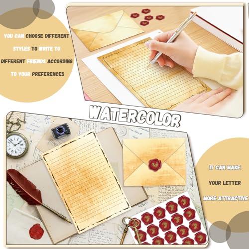 TaoBary 160 Pcs Stationery Paper Set 50 Double Sided Stationery Papers with 50 Matching Envelopes and 60 Round Dot Sticker, 10 Design(Vintage,5.5 x 8.25 Inch) - size: 5.5 x 8.25 Inch, style: Vintage