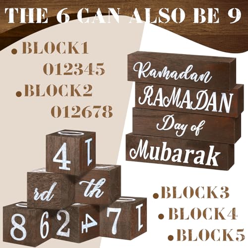 GlikCeil 5 Pcs Eid Mubarak Calendar Block Set Ramadan Advent Countdown Eid Calendar Countdown Blocks Wood Sign for Decorations Ramadan Wooden Tabletop Ornament Home Table Decor, Brown