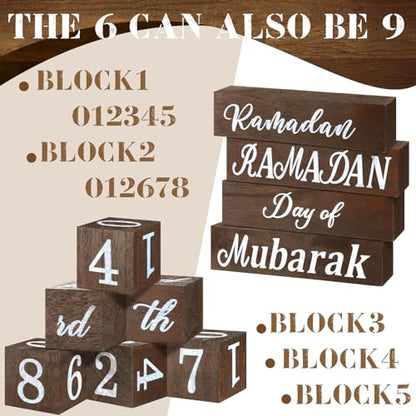 GlikCeil 5 Pcs Eid Mubarak Calendar Block Set Ramadan Advent Countdown Eid Calendar Countdown Blocks Wood Sign for Decorations Ramadan Wooden Tabletop Ornament Home Table Decor, Brown
