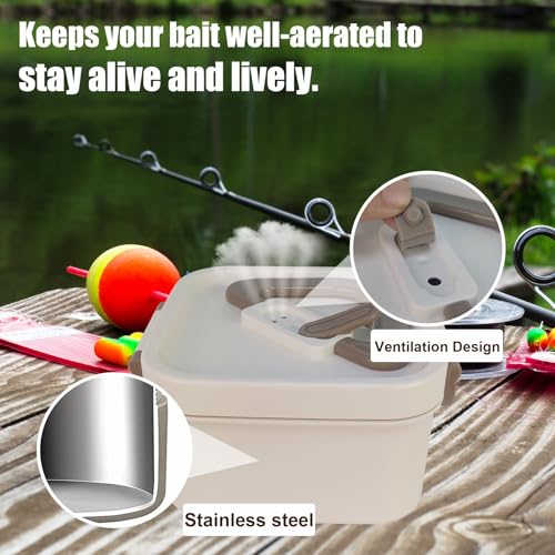 Aventik Fishing Bait Container Organizer with Handle Insulated Breathable Live Bait Box Stainless Steel Worm Storage Tank for Nightcrawlers Keeps Bait Fresh and Alive(square 700ml) - style: square 700ml