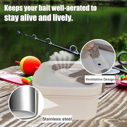 Aventik Fishing Bait Container Organizer with Handle Insulated Breathable Live Bait Box Stainless Steel Worm Storage Tank for Nightcrawlers Keeps Bait Fresh and Alive(square 700ml) - style: square 700ml