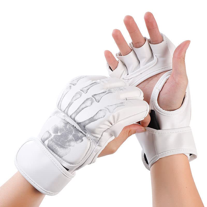 MMA Gloves, Half-Finger Boxing Fight Gloves MMA Mitts with Adjustable Wrist Band UFC Gloves for Sanda Sparring Punching Bag Training (One Size Fits Most) - color: Ghost hand white