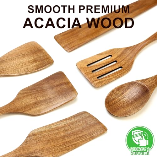 6 Pack Acacia Wood Spatula Set Non Toxic Kitchen Utensils for Cooking Spoon Flat Wooden Wok Spatula Spurtle Kitchen Tools Slotted Turner Scraper Bamboo Cooking Utensil Set Fish Egg Flipper Spatulas - color: 6Pcs-Utensils