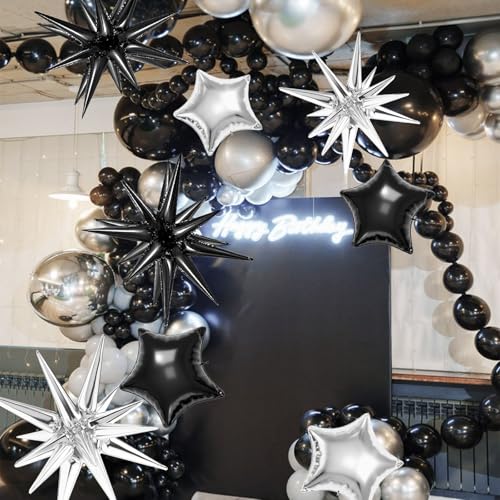 22 Pcs Star Balloons,22/18/10 Inch Star Foil Mylar Balloon,Spike Balloon and Four Pointed Balloons for Party Supplies Christmas Birthday Wedding Photo Booth (Black Silver) - color: Black Silver