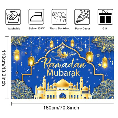 Mocsicka Ramadan Mubarak Banner Backdrop for Muslim Ramadan Kareem, Eid al-Fitr and Eid al-Adha (Blue and Gold, 70.8x43.3 inch, Polyester) - color: Blue and Gold