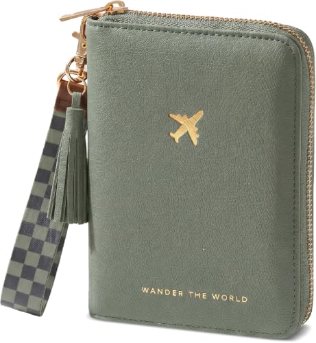 Beautiful Passport Holder And Travel Wallet with Wristlet Strap - color: Sage
