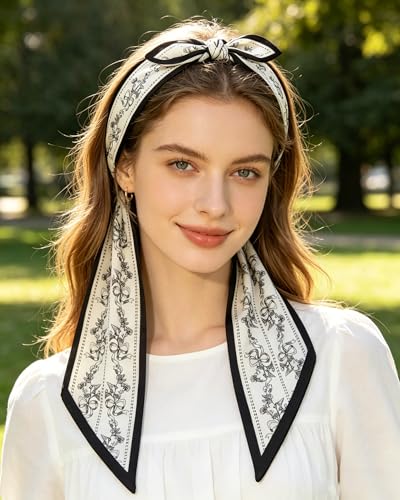 Silky Satin Long Skinny Head Scarf for Women - Neck Hair Scarf, Purse Bag Belt Accessory, Silk Feeling, 57"x5" - color: White Blue 02