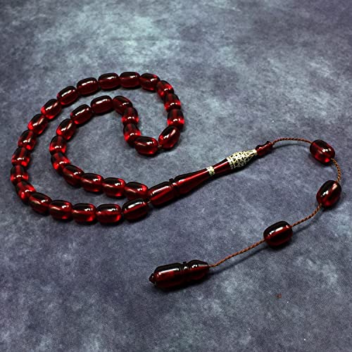 EXCLUSIVE COLLECTION -Handmade Silver Engraved Bakelite Tesbih, Tasbih, Islamic Rosary, Islamic Prayer Beads, Misbaha (8x12 mm 33 Cherry Cylinder Beads) - color: 8x12 mm 33 Cherry Cylinder Beads)