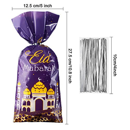 Blulu 100 Pcs Eid Mubarak Party Treat Bags, Ramadan Theme Printed Pattern Gift Cellophane Clear Plastic Goodie Favor Bags with Silver Twist Ties for Eid Mubarak Party (Purple Gold)