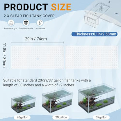 Colingmill 2 Pcs Aquarium Acrylic Glass Canopy Set Cuttable Aquarium Fish Tank Cover, Anti-Jump Net with Clips,29 x 12 Inch - size: 29 x 12 in