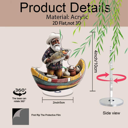 YLUYINOM 2D Flat Acrylic Display Plaque, Elderly Man Figurine in A Boat Proudly Holding A Fish with Fishing Tools Around. Rotatable, with Base - color: Picture 25