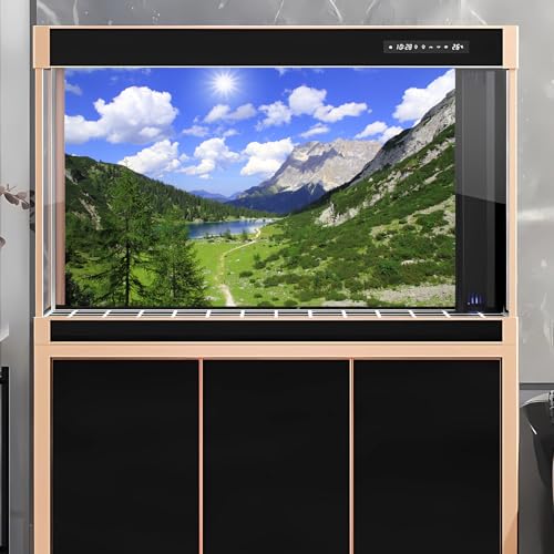 Mountains Aquarium Background Green Gobi Plants Pine Tree Terrarium Background Tranquil Lake Blue Sky Sunbeam with Cloud Fish Tank Background Mountain Theme Reptile Habitat Background 24x16in - color: Blue_Green, size: 24(W)x16(H)in