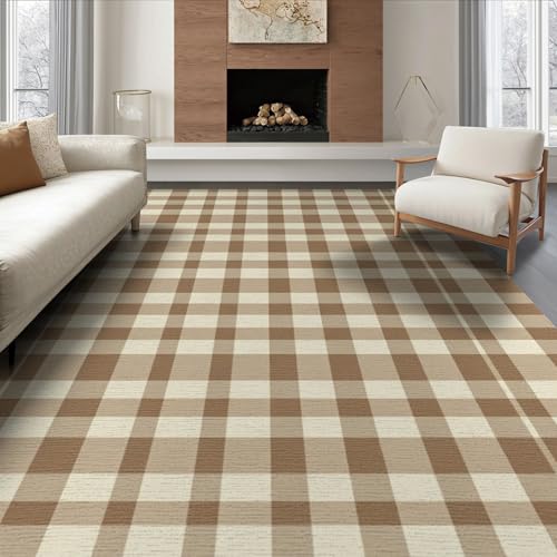 6'x9' Washable Flatwoven Rug, Tan Rustic Checkered Stain Resistant Large Carpet for Dining Room, Under Table, Office, Non-Slip Chair-Friendly Floor Mat | Ref:1910428 - color: Beige/Pattern 29, size: 6' x 9' (Rectangular)