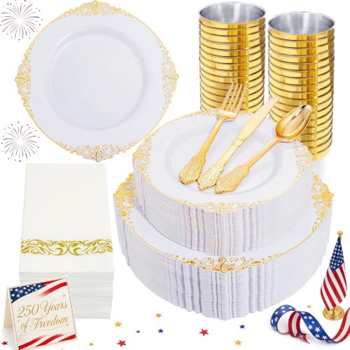 Nervure 350PCS Gold Plastic Dinnerware - White and Gold Disposable Plates for 50 Guests - 100 White Disposable Plates, 150 Plastic Silverware, 50 Cups, 50 Napkins for Wedding & Party & Graduation - color: Gold, style: 350Pcs(50Guests)