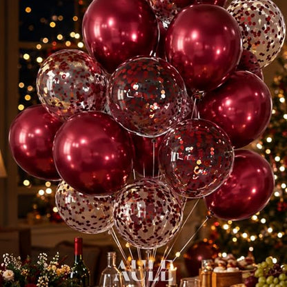 AULE Party Balloons Pack of 42 - Metallic Burgundy Balloons and Confetti Latex Helium Balloons With 64ft Ribbons - 12 Inch Mroon Chrome Balloon Decoration Set - color: Burgundy