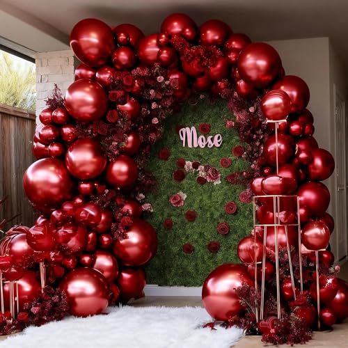 Burgundy Balloons Double Stuffed Wine Red Rose Red Balloon Arch Kit Maroon Garland Different Size For Wedding Birthday Baby Shower Anniversary Wine Party Decorations - color: Burgundy