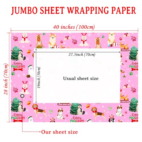 Cuitpan Pink Dog Christmas Wrapping Paper - Xmas Gift Wrap with Christmas Trees, Dog Breeds, Paw Prints & Snowflakes Design- Perfect for Kids & Adults Gift Wrapping - 40×28 Inches, 4 Folded Sheets - color: Pink-Christmas