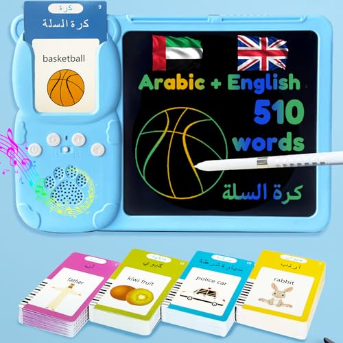 Writing Tablet with Bilingual Flash Cards for Kids, Arabic, Blue - color: Arabic, size: Blue