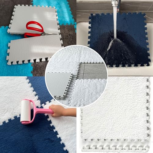Gangdise 12 PCS Thickened Plush Interlocking Floor Mat Fluffy Square Tiles EVA Foam Matswith 16 Edgings Soft Anti-Slip Exercise Play Mat for Room (White) - color: White