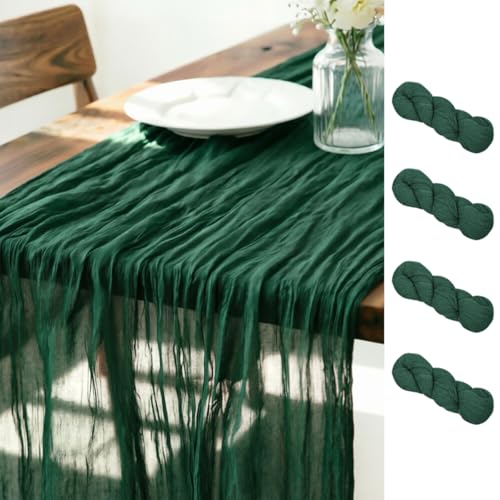 LINXTAR Emerald Green Cheesecloth Table Runner 4 Pack 120 Inches 10Ft Gauze Summer Boho Table Runner for Wedding Tea Party Baby Shower Bridal Birthday Home Decoration - color: Emerald Green, size: 10ft 4Pack