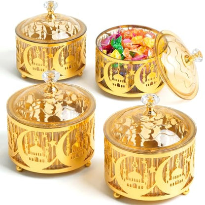 4 Pcs Ramadan Serving Trays with Lid Metal Gold Eid Mubarak Tray Decorations Ramadan Plate Food Storage Container for Serving Cookie Candy Pastry Dessert Eid Party(Retro) - style: Retro