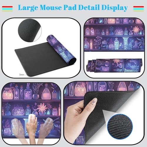 Cute Cozy Purple Gaming Desk Mat, Mystical Potion Bottles Mouse Pad XXL Large Extended Aesthetic Apothecary Shelf Desk Pad, Fun Computer Desktop Pad Mat Laptop Keyboard and Mouse Mat 31.5x15.7 in - color: Purple Potion Bottles